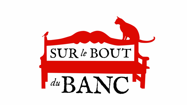 Red and black animation of a cat on the back of a bench looking at a bird that then flies away
