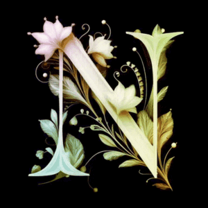 Animated capital letter N featuring pastel-coloured flowers and leaves that move gently, N is pale colour on black background