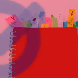 A red spiral-bound notebook stuffed with sticky markers, on a pinkish background featuring a Google Tasks logo
