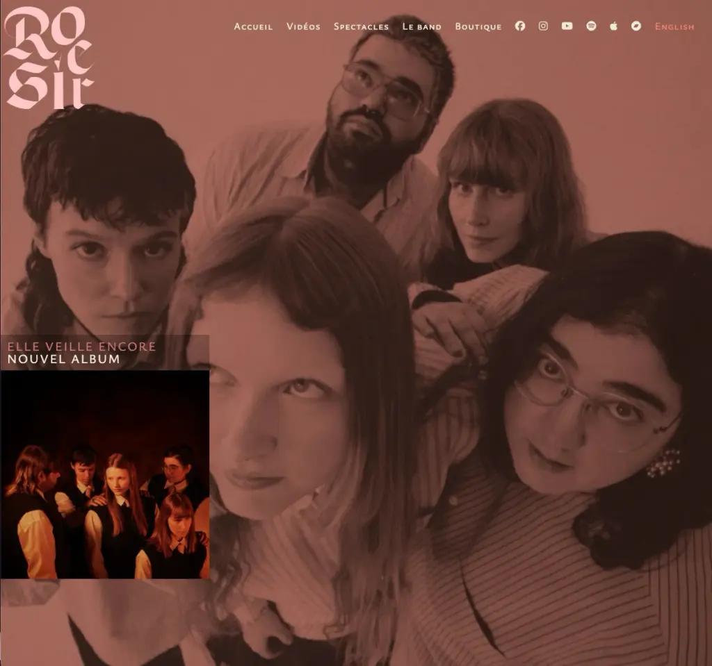 Cinq musicien(ne)s regardent de côté, image proche, teint rose