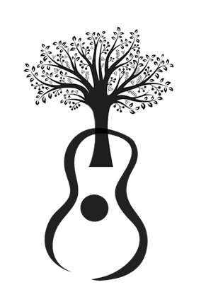 Illustration in black and white of a guitar with a tree for a neck topped by leaves